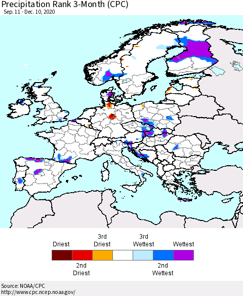 Europe Precipitation Rank 3-Month (CPC) Thematic Map For 9/11/2020 - 12/10/2020