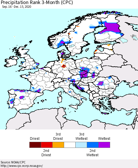 Europe Precipitation Rank 3-Month (CPC) Thematic Map For 9/16/2020 - 12/15/2020