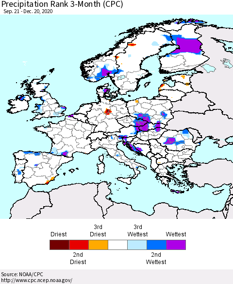 Europe Precipitation Rank 3-Month (CPC) Thematic Map For 9/21/2020 - 12/20/2020