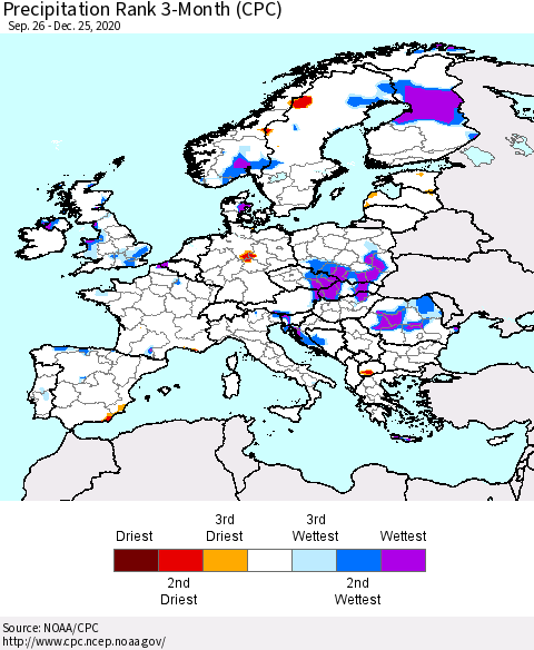 Europe Precipitation Rank 3-Month (CPC) Thematic Map For 9/26/2020 - 12/25/2020