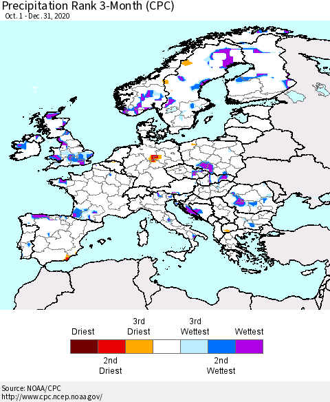 Europe Precipitation Rank 3-Month (CPC) Thematic Map For 10/1/2020 - 12/31/2020