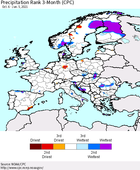 Europe Precipitation Rank since 1981, 3-Month (CPC) Thematic Map For 10/6/2020 - 1/5/2021
