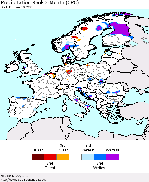 Europe Precipitation Rank 3-Month (CPC) Thematic Map For 10/11/2020 - 1/10/2021