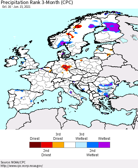 Europe Precipitation Rank 3-Month (CPC) Thematic Map For 10/16/2020 - 1/15/2021
