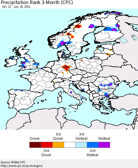Europe Precipitation Rank 3-Month (CPC) Thematic Map For 10/21/2020 - 1/20/2021