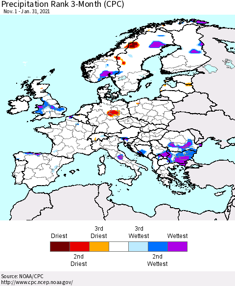Europe Precipitation Rank 3-Month (CPC) Thematic Map For 11/1/2020 - 1/31/2021