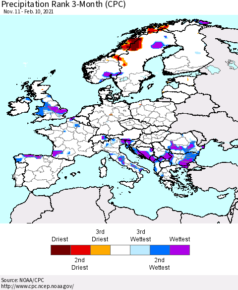Europe Precipitation Rank 3-Month (CPC) Thematic Map For 11/11/2020 - 2/10/2021