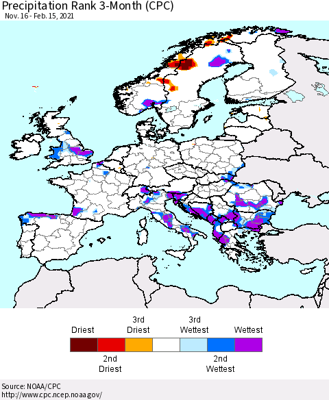 Europe Precipitation Rank 3-Month (CPC) Thematic Map For 11/16/2020 - 2/15/2021