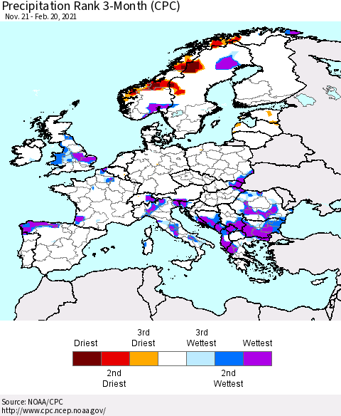 Europe Precipitation Rank 3-Month (CPC) Thematic Map For 11/21/2020 - 2/20/2021