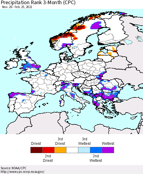 Europe Precipitation Rank since 1981, 3-Month (CPC) Thematic Map For 11/26/2020 - 2/25/2021