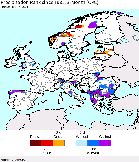 Europe Precipitation Rank 3-Month (CPC) Thematic Map For 12/6/2020 - 3/5/2021