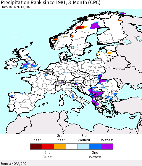 Europe Precipitation Rank since 1981, 3-Month (CPC) Thematic Map For 12/16/2020 - 3/15/2021