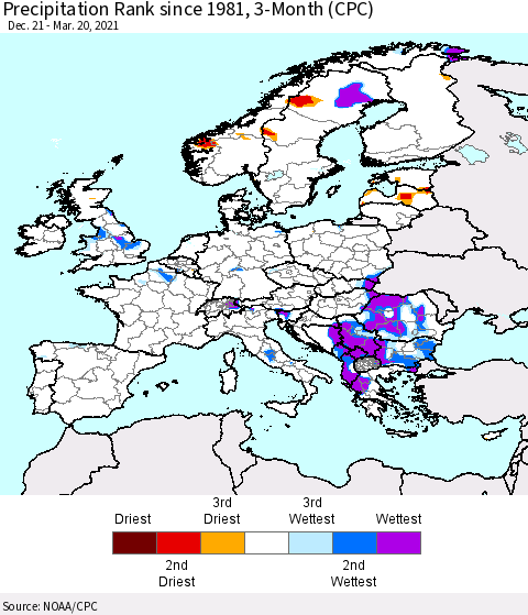 Europe Precipitation Rank 3-Month (CPC) Thematic Map For 12/21/2020 - 3/20/2021