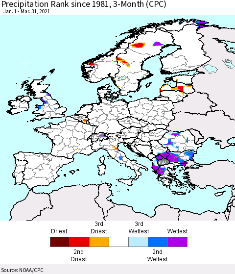 Europe Precipitation Rank since 1981, 3-Month (CPC) Thematic Map For 1/1/2021 - 3/31/2021
