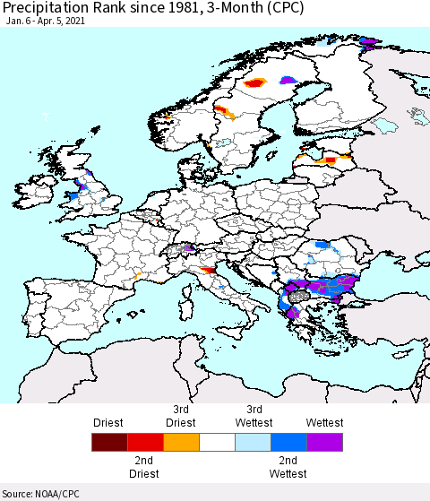 Europe Precipitation Rank 3-Month (CPC) Thematic Map For 1/6/2021 - 4/5/2021