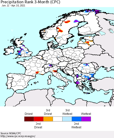 Europe Precipitation Rank 3-Month (CPC) Thematic Map For 1/11/2021 - 4/10/2021