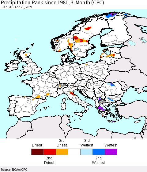 Europe Precipitation Rank 3-Month (CPC) Thematic Map For 1/26/2021 - 4/25/2021