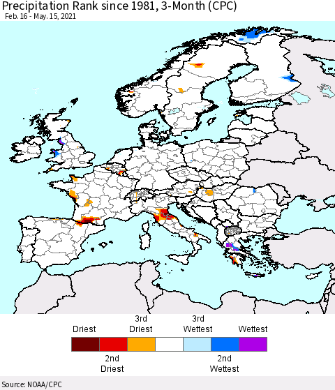 Europe Precipitation Rank 3-Month (CPC) Thematic Map For 2/16/2021 - 5/15/2021