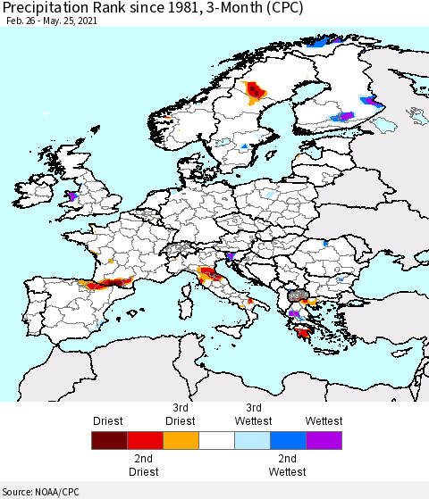 Europe Precipitation Rank 3-Month (CPC) Thematic Map For 2/26/2021 - 5/25/2021