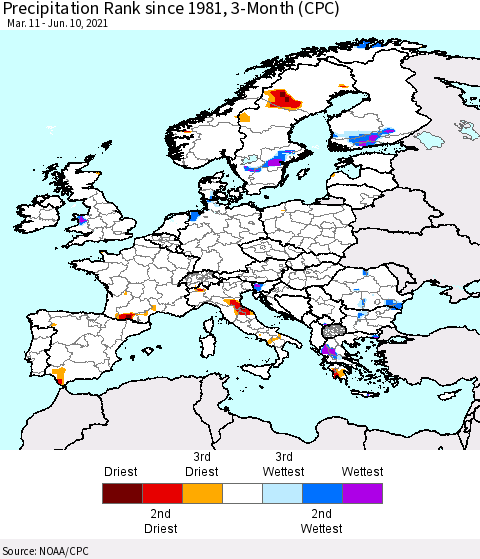 Europe Precipitation Rank 3-Month (CPC) Thematic Map For 3/11/2021 - 6/10/2021