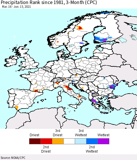 Europe Precipitation Rank 3-Month (CPC) Thematic Map For 3/16/2021 - 6/15/2021