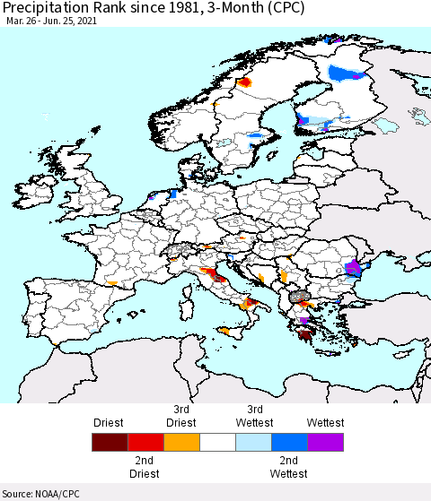 Europe Precipitation Rank since 1981, 3-Month (CPC) Thematic Map For 3/26/2021 - 6/25/2021