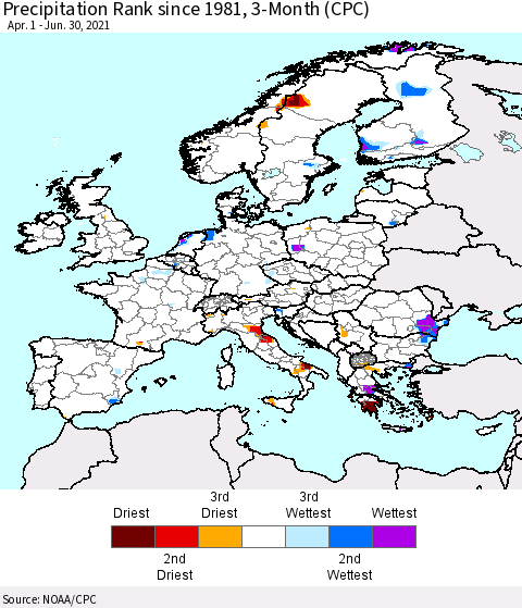 Europe Precipitation Rank since 1981, 3-Month (CPC) Thematic Map For 4/1/2021 - 6/30/2021