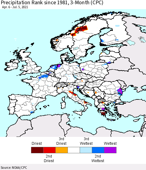 Europe Precipitation Rank 3-Month (CPC) Thematic Map For 4/6/2021 - 7/5/2021