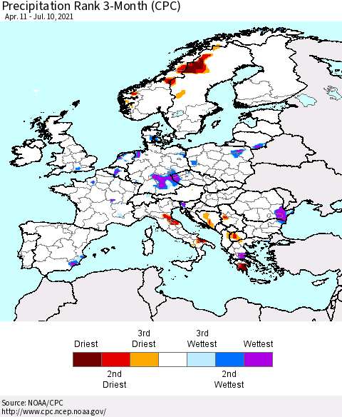 Europe Precipitation Rank 3-Month (CPC) Thematic Map For 4/11/2021 - 7/10/2021