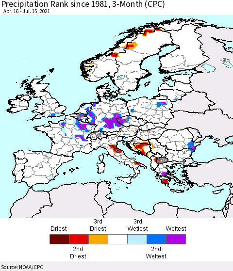Europe Precipitation Rank 3-Month (CPC) Thematic Map For 4/16/2021 - 7/15/2021