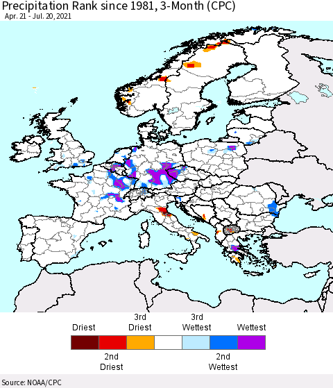 Europe Precipitation Rank 3-Month (CPC) Thematic Map For 4/21/2021 - 7/20/2021