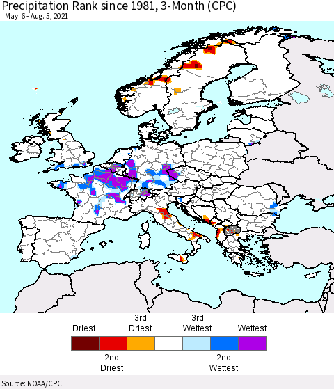 Europe Precipitation Rank 3-Month (CPC) Thematic Map For 5/6/2021 - 8/5/2021