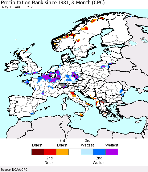 Europe Precipitation Rank 3-Month (CPC) Thematic Map For 5/11/2021 - 8/10/2021