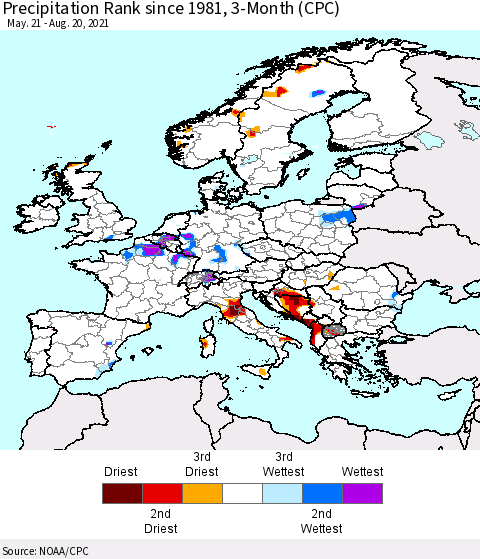 Europe Precipitation Rank since 1981, 3-Month (CPC) Thematic Map For 5/21/2021 - 8/20/2021