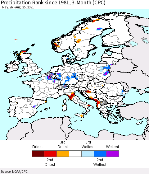 Europe Precipitation Rank 3-Month (CPC) Thematic Map For 5/26/2021 - 8/25/2021