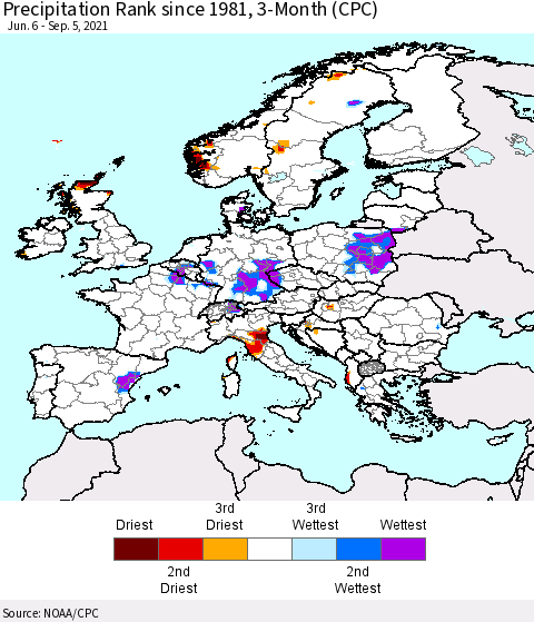 Europe Precipitation Rank 3-Month (CPC) Thematic Map For 6/6/2021 - 9/5/2021