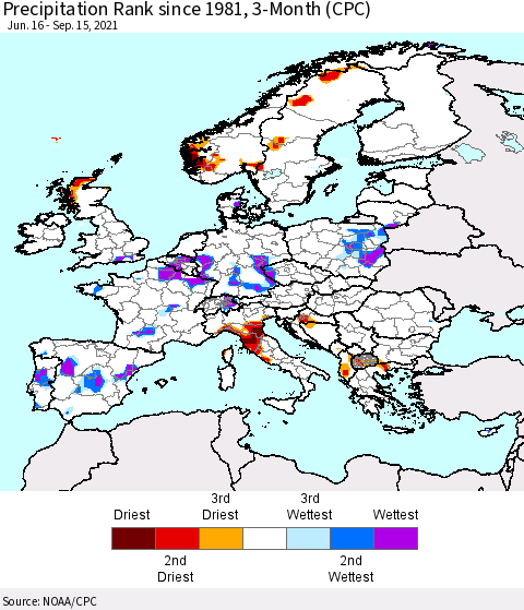 Europe Precipitation Rank 3-Month (CPC) Thematic Map For 6/16/2021 - 9/15/2021