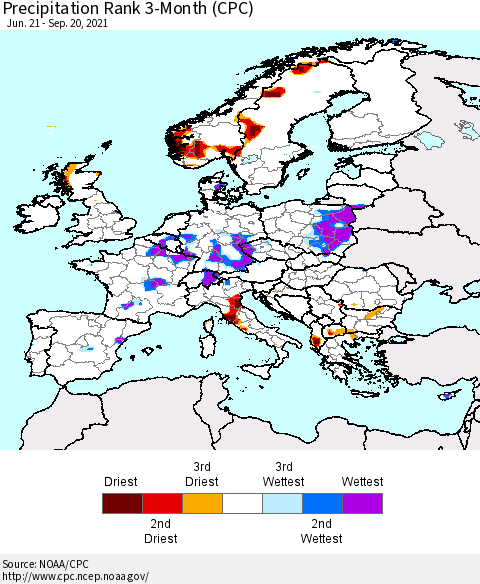 Europe Precipitation Rank 3-Month (CPC) Thematic Map For 6/21/2021 - 9/20/2021