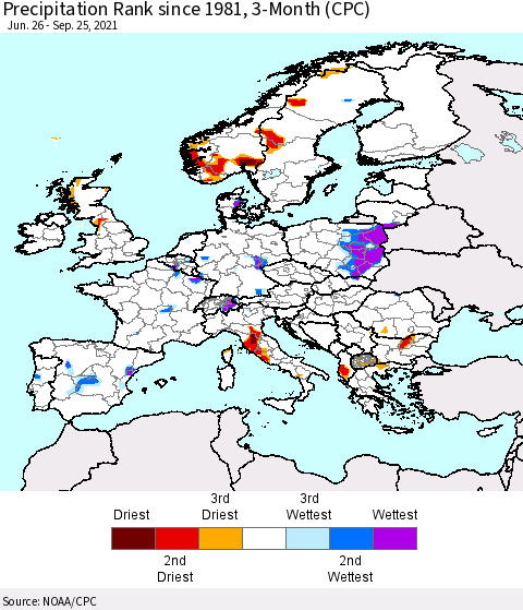 Europe Precipitation Rank 3-Month (CPC) Thematic Map For 6/26/2021 - 9/25/2021