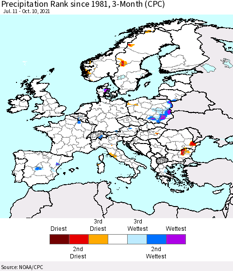 Europe Precipitation Rank 3-Month (CPC) Thematic Map For 7/11/2021 - 10/10/2021