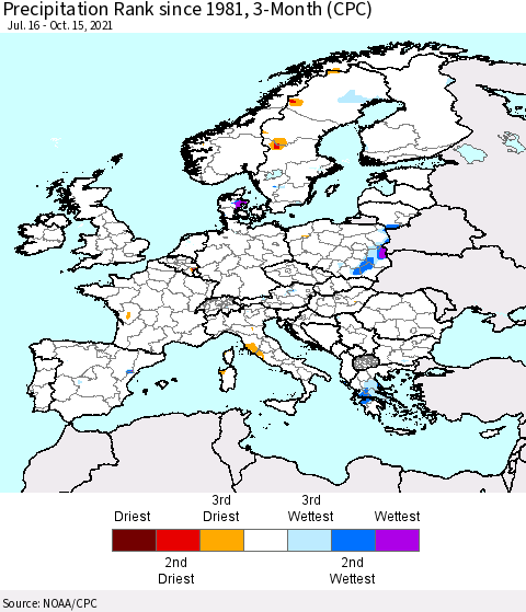 Europe Precipitation Rank 3-Month (CPC) Thematic Map For 7/16/2021 - 10/15/2021