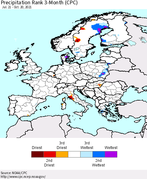 Europe Precipitation Rank 3-Month (CPC) Thematic Map For 7/21/2021 - 10/20/2021