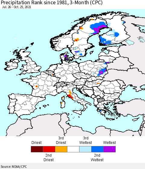 Europe Precipitation Rank 3-Month (CPC) Thematic Map For 7/26/2021 - 10/25/2021
