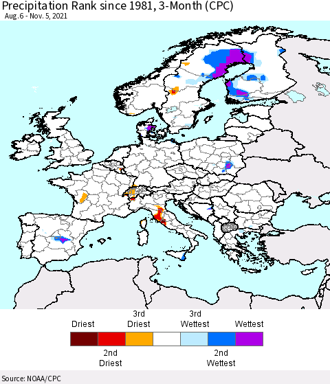 Europe Precipitation Rank 3-Month (CPC) Thematic Map For 8/6/2021 - 11/5/2021