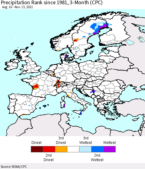 Europe Precipitation Rank 3-Month (CPC) Thematic Map For 8/16/2021 - 11/15/2021
