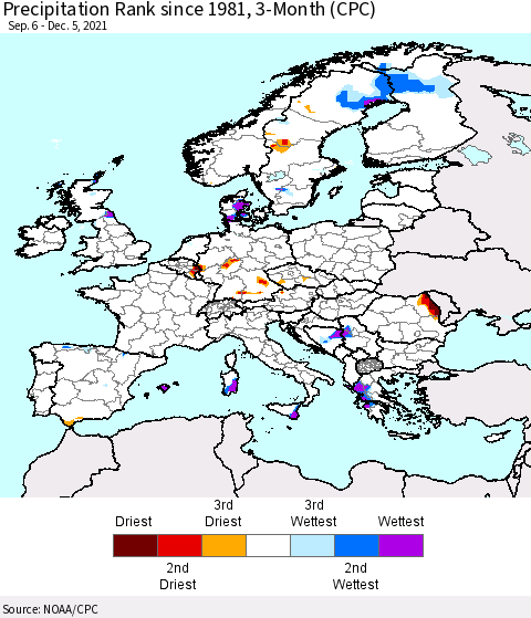 Europe Precipitation Rank 3-Month (CPC) Thematic Map For 9/6/2021 - 12/5/2021