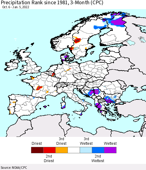 Europe Precipitation Rank 3-Month (CPC) Thematic Map For 10/6/2021 - 1/5/2022