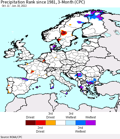 Europe Precipitation Rank 3-Month (CPC) Thematic Map For 10/11/2021 - 1/10/2022