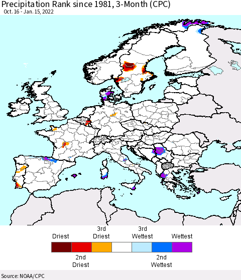 Europe Precipitation Rank 3-Month (CPC) Thematic Map For 10/16/2021 - 1/15/2022