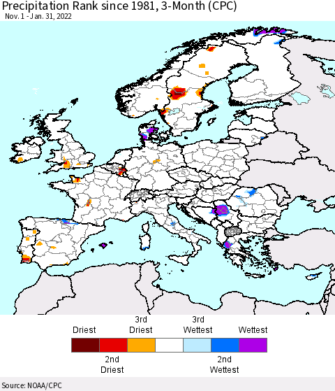 Europe Precipitation Rank 3-Month (CPC) Thematic Map For 11/1/2021 - 1/31/2022